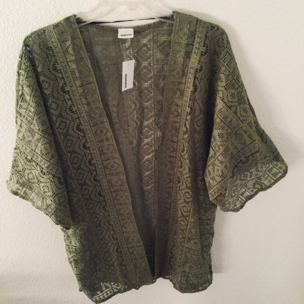 Sonoma NWT Open Weave Polyester Olive Green Short Sleeve Jacket Top One …